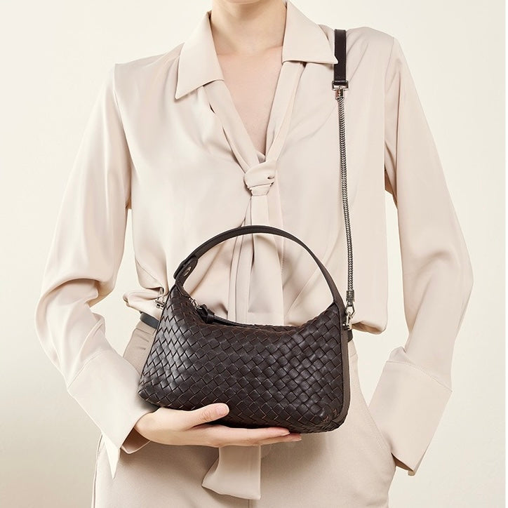 Women's Genuine Sheepskin Leather Woven Dumpling Clutch Bag with Chain Strap