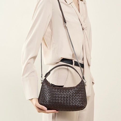 Women's Genuine Sheepskin Leather Woven Dumpling Clutch Bag with Chain Strap
