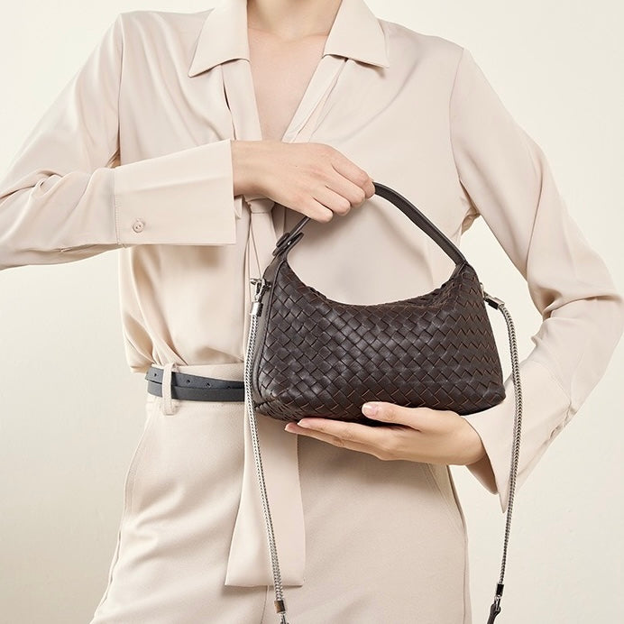 Women's Genuine Sheepskin Leather Woven Dumpling Clutch Bag with Chain Strap