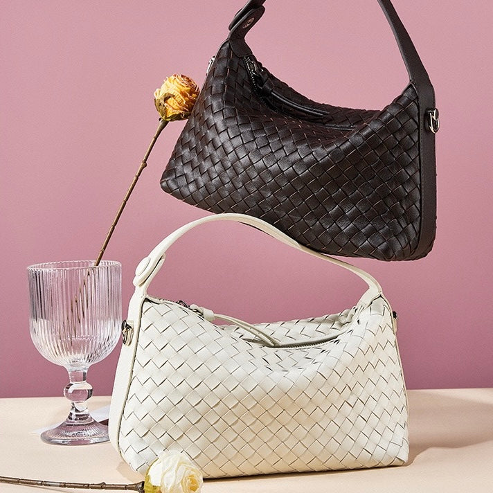 Women's Genuine Sheepskin Leather Woven Dumpling Clutch Bag with Chain Strap