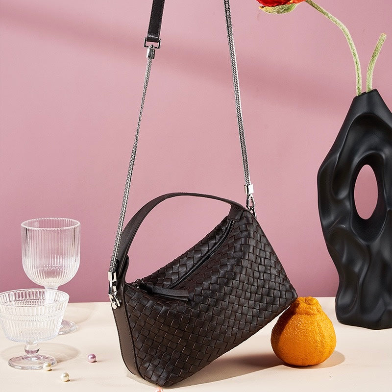 Women's Genuine Sheepskin Leather Woven Dumpling Clutch Bag with Chain Strap
