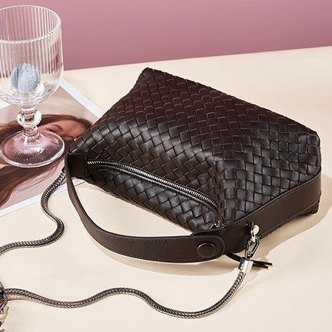Women's Genuine Sheepskin Leather Woven Dumpling Clutch Bag with Chain Strap