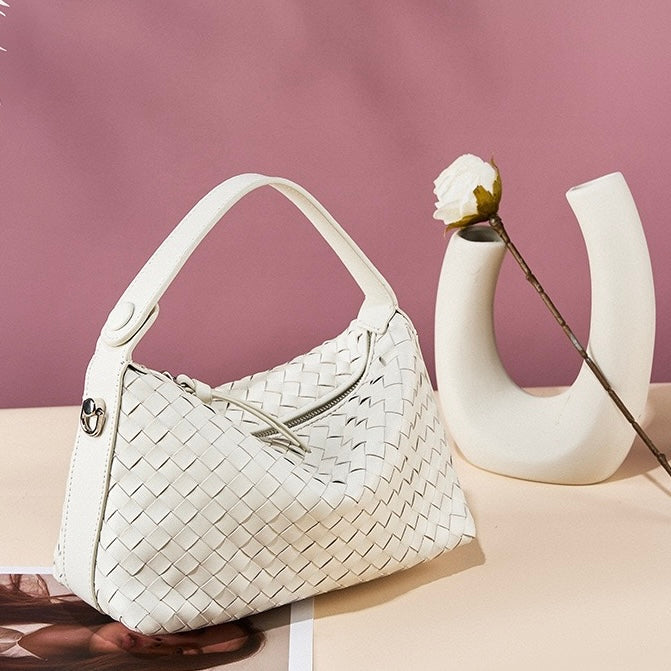 Women's Genuine Sheepskin Leather Woven Dumpling Clutch Bag with Chain Strap