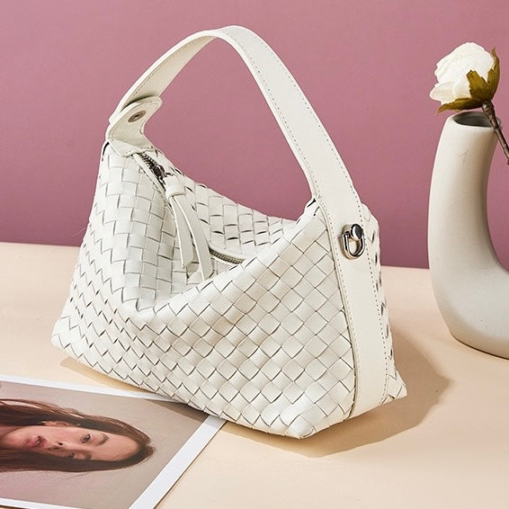Women's Genuine Sheepskin Leather Woven Dumpling Clutch Bag with Chain Strap
