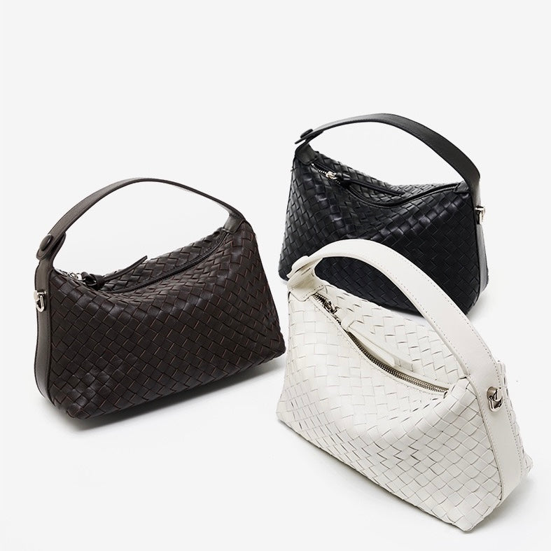 Women's Genuine Sheepskin Leather Woven Dumpling Clutch Bag with Chain Strap