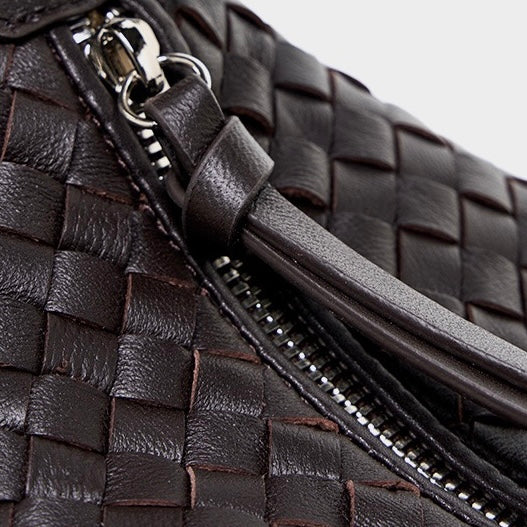 Women's Genuine Sheepskin Leather Woven Dumpling Clutch Bag with Chain Strap