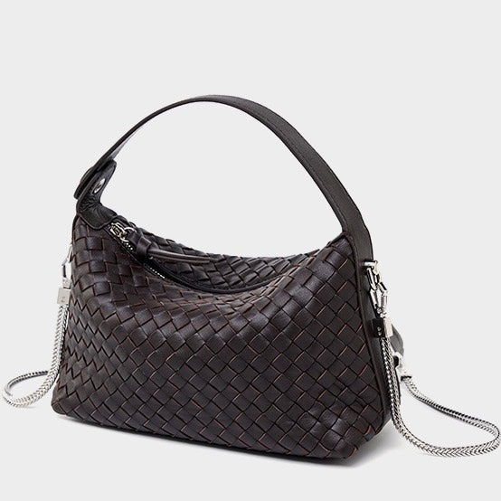 Women's Genuine Sheepskin Leather Woven Dumpling Clutch Bag with Chain Strap