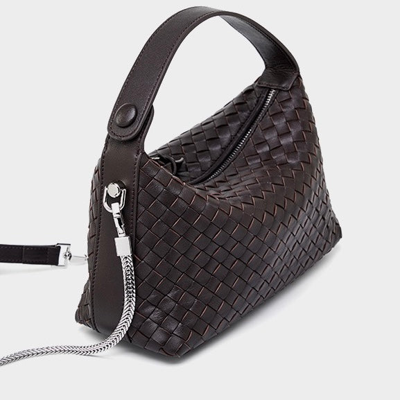 Women's Genuine Sheepskin Leather Woven Dumpling Clutch Bag with Chain Strap