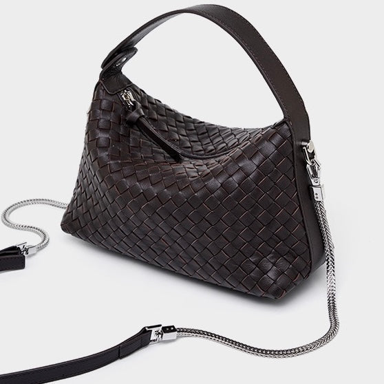 Women's Genuine Sheepskin Leather Woven Dumpling Clutch Bag with Chain Strap