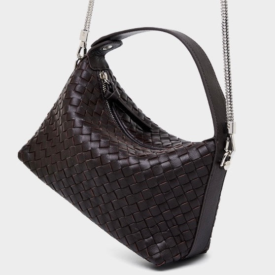 Women's Genuine Sheepskin Leather Woven Dumpling Clutch Bag with Chain Strap