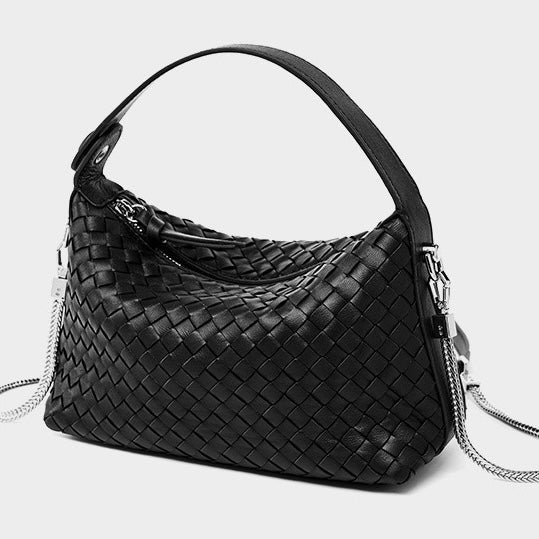 Women's Genuine Sheepskin Leather Woven Dumpling Clutch Bag with Chain Strap
