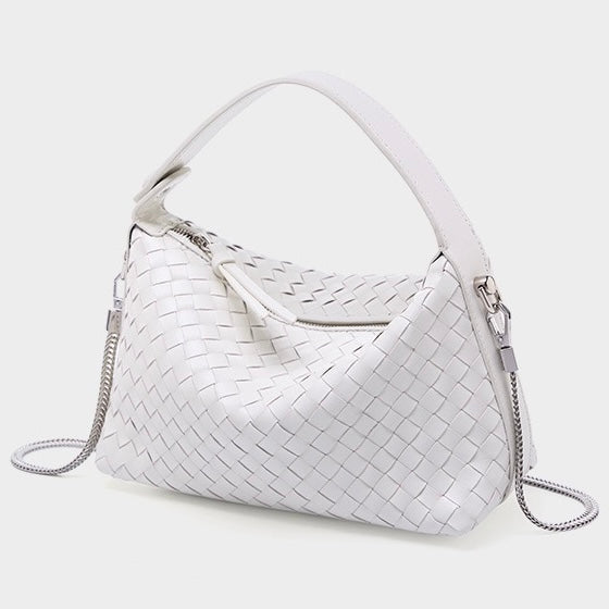 Women's Genuine Sheepskin Leather Woven Dumpling Clutch Bag with Chain Strap