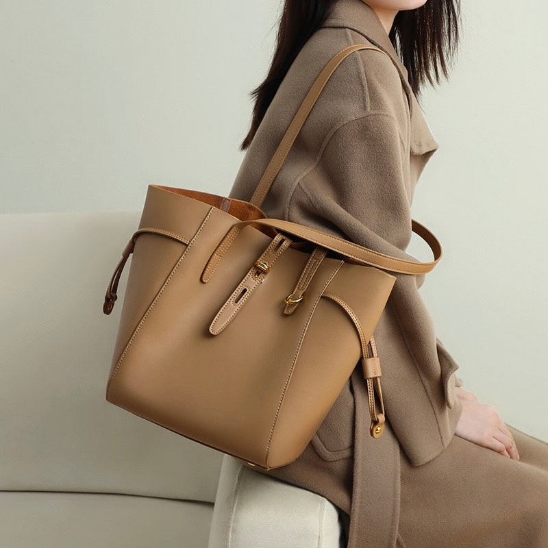 Women's Genuine Leather Vintage Lock Buckle Tote Bag with Large Capacity