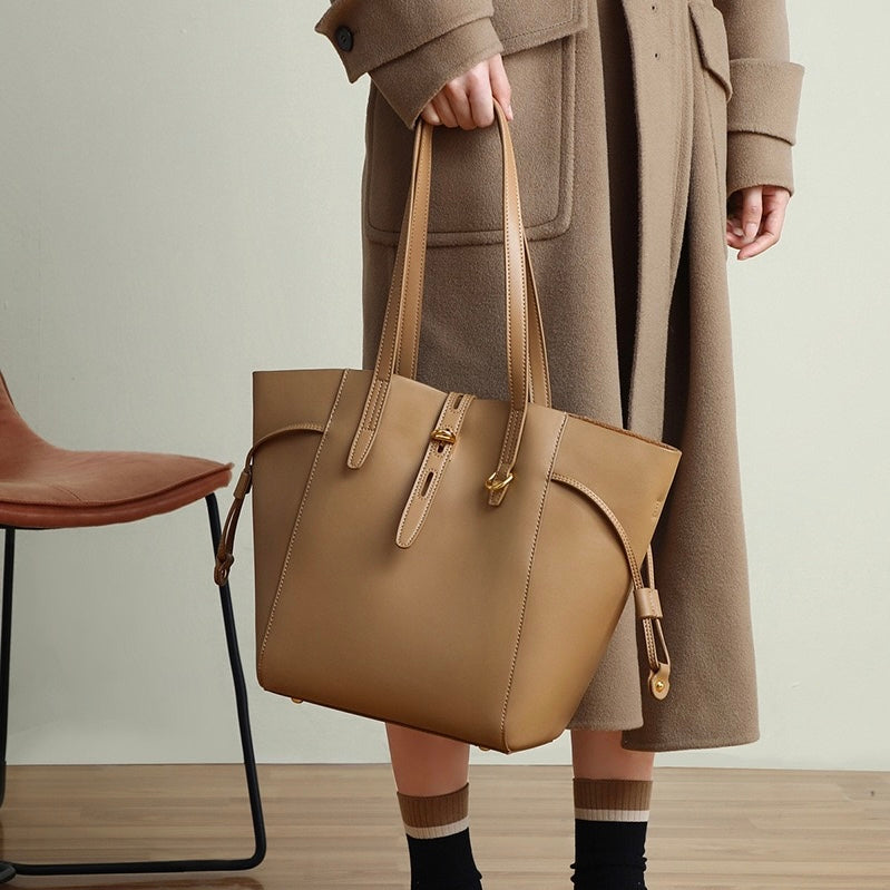 Women's Genuine Leather Vintage Lock Buckle Tote Bag with Large Capacity