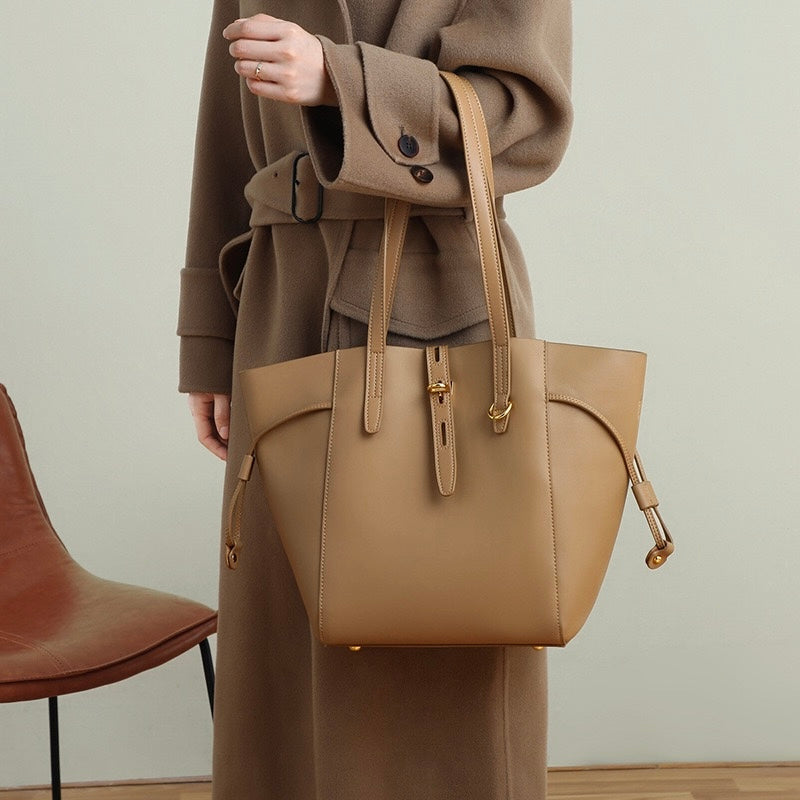 Women's Genuine Leather Vintage Lock Buckle Tote Bag with Large Capacity