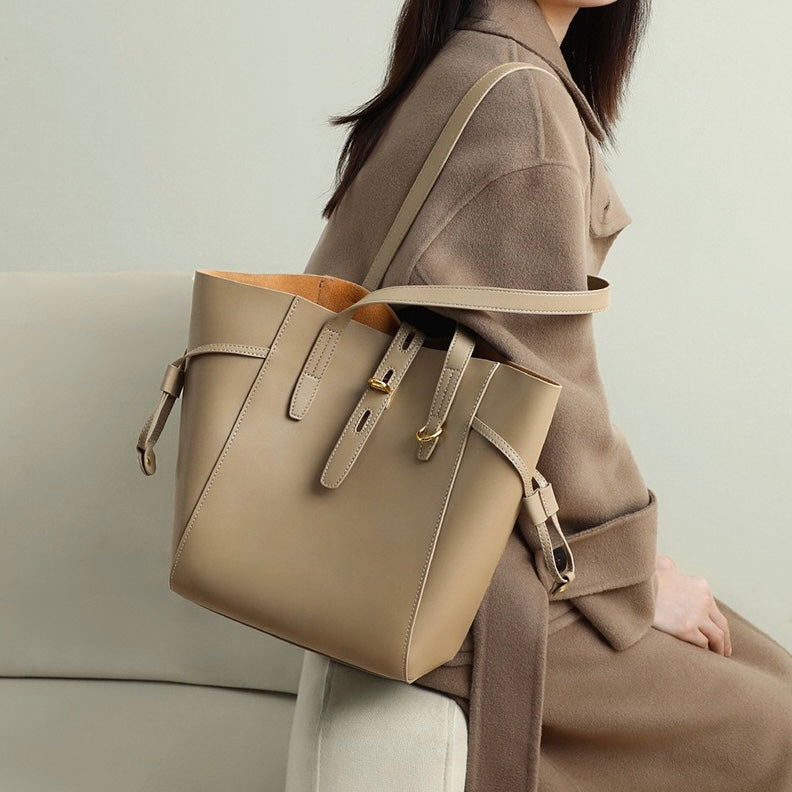 Women's Genuine Leather Vintage Lock Buckle Tote Bag with Large Capacity