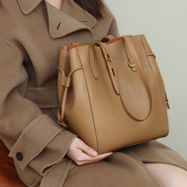 Women's Genuine Leather Vintage Lock Buckle Tote Bag with Large Capacity