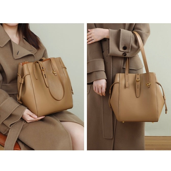 Women's Genuine Leather Vintage Lock Buckle Tote Bag with Large Capacity