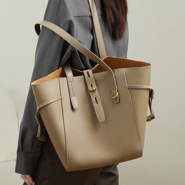 Women's Genuine Leather Vintage Lock Buckle Tote Bag with Large Capacity