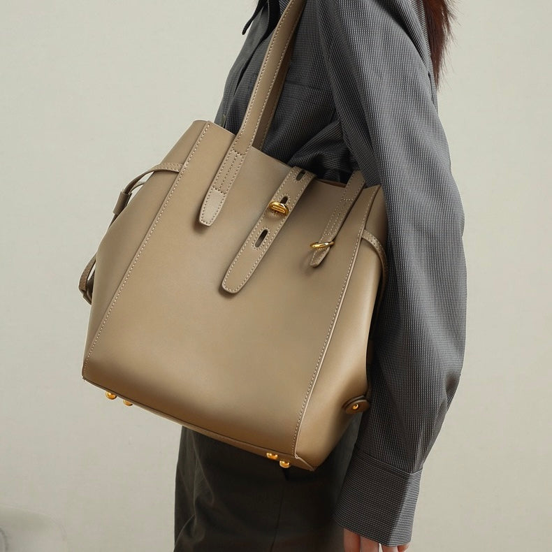 Women's Genuine Leather Vintage Lock Buckle Tote Bag with Large Capacity