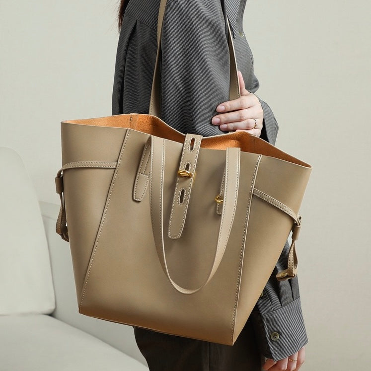 Women's Genuine Leather Vintage Lock Buckle Tote Bag with Large Capacity