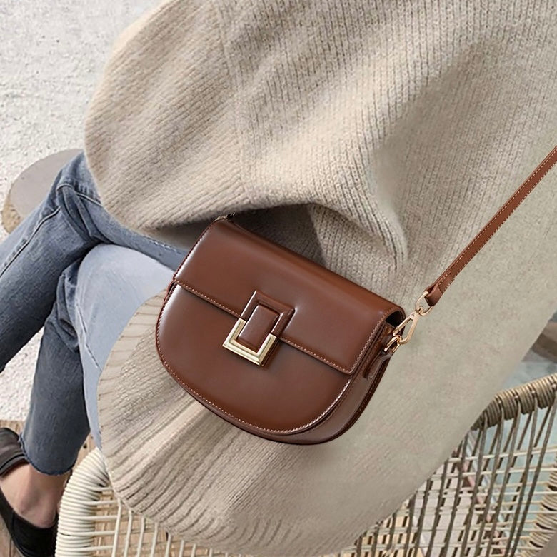 Women's Genuine Leather Saddle Crossbody Bag with Adjustable Strap