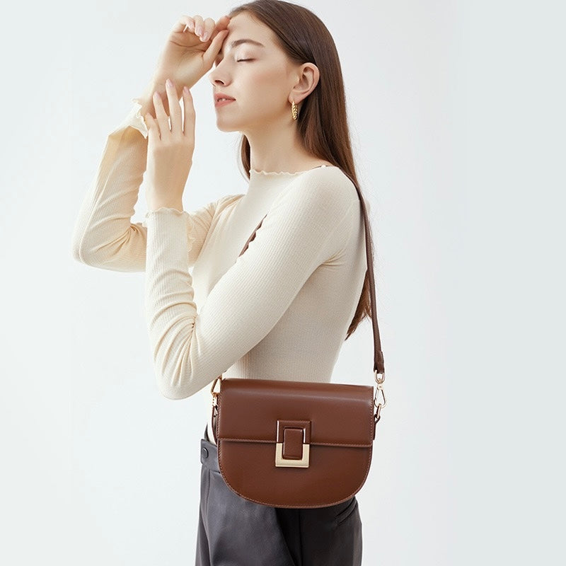 Women's Genuine Leather Saddle Crossbody Bag with Adjustable Strap