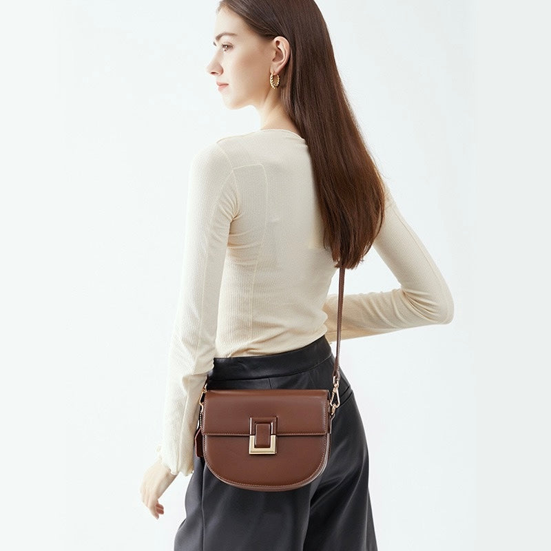 Women's Genuine Leather Saddle Crossbody Bag with Adjustable Strap