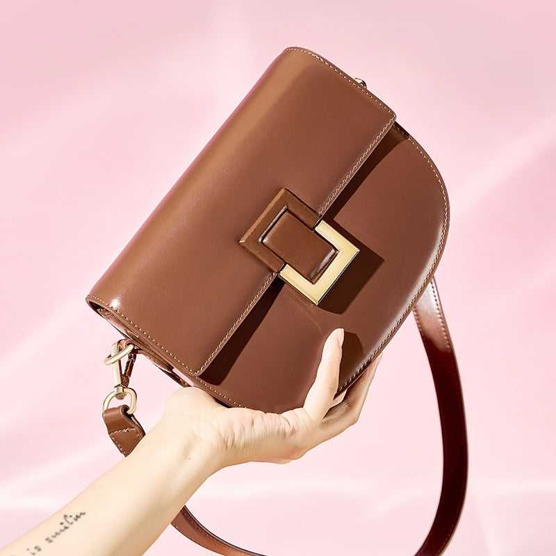 Women's Genuine Leather Saddle Crossbody Bag with Adjustable Strap