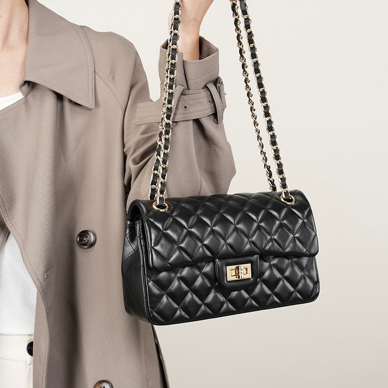 Women's Genuine Leather Quilted Chain Shoulder Crossbody Bag