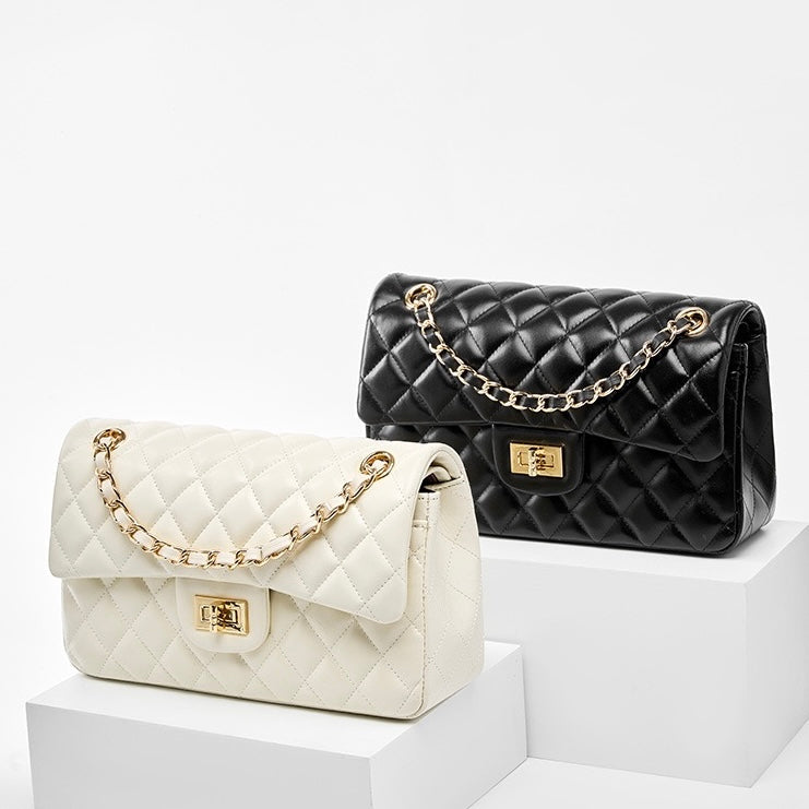 Women's Genuine Leather Quilted Chain Shoulder Crossbody Bag