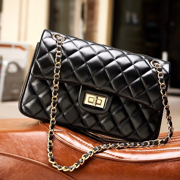 Women's Genuine Leather Quilted Chain Shoulder Crossbody Bag