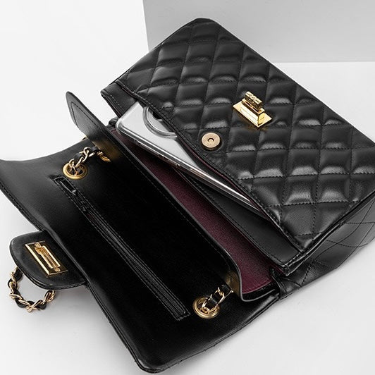 Women's Genuine Leather Quilted Chain Shoulder Crossbody Bag