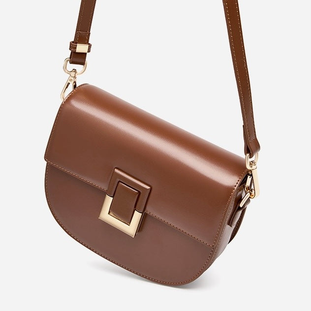 Women's Genuine Leather Saddle Crossbody Bag with Adjustable Strap