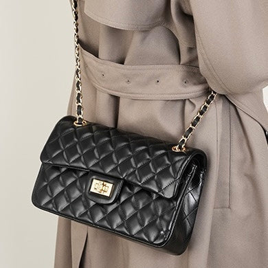 Women's Genuine Leather Quilted Chain Shoulder Crossbody Bag