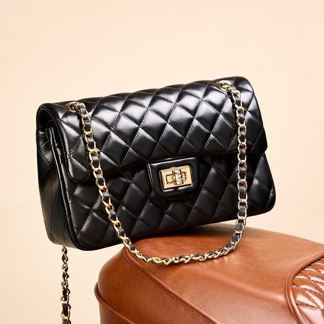 Women's Genuine Leather Quilted Chain Shoulder Crossbody Bag