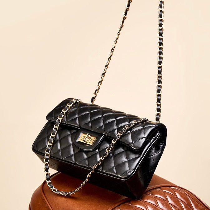 Women's Genuine Leather Quilted Chain Shoulder Crossbody Bag