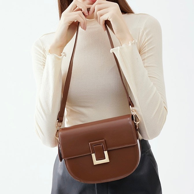 Women's Genuine Leather Saddle Crossbody Bag with Adjustable Strap