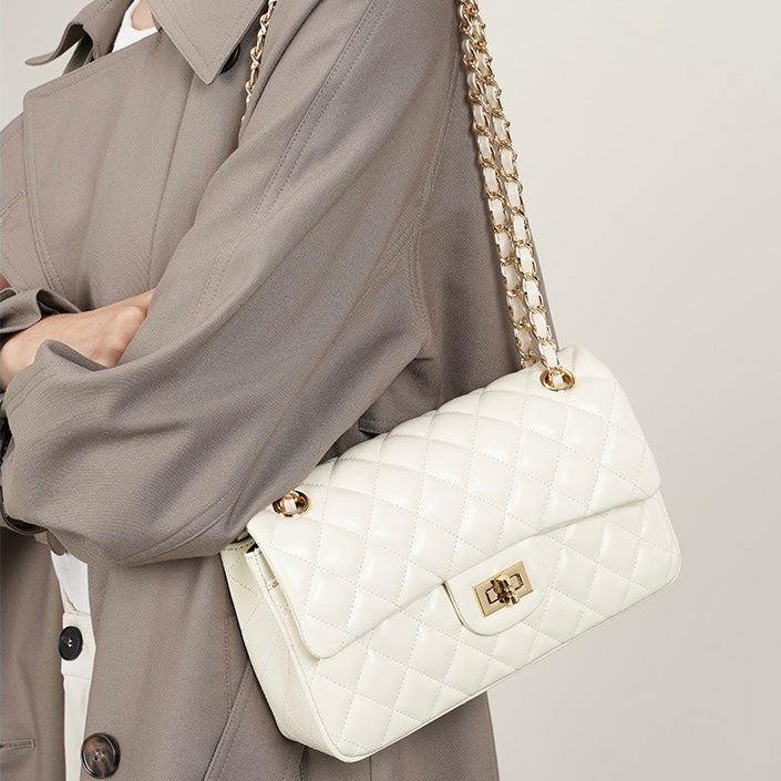 Women's Genuine Leather Quilted Chain Shoulder Crossbody Bag