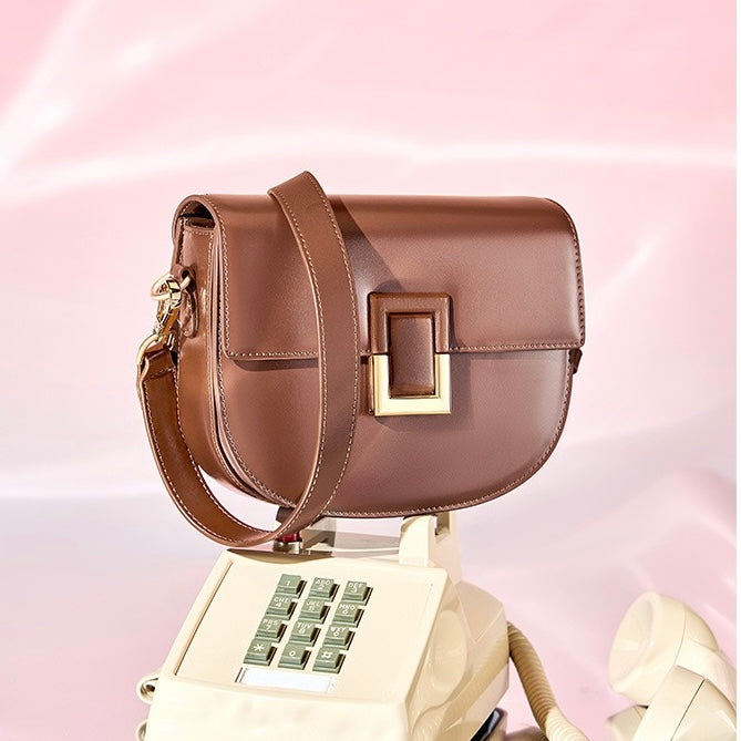 Women's Genuine Leather Saddle Crossbody Bag with Adjustable Strap