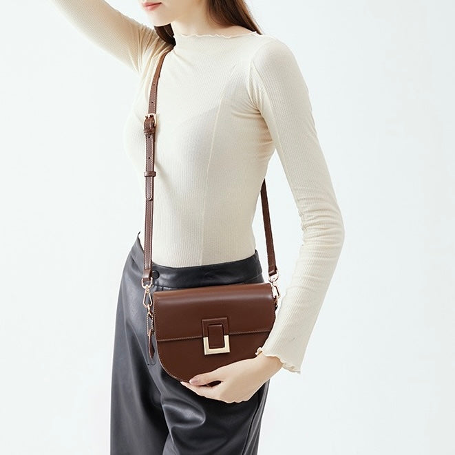 Women's Genuine Leather Saddle Crossbody Bag with Adjustable Strap