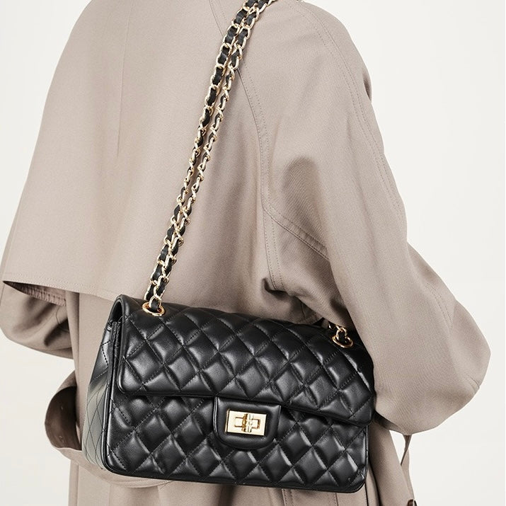 Women's Genuine Leather Quilted Chain Shoulder Crossbody Bag