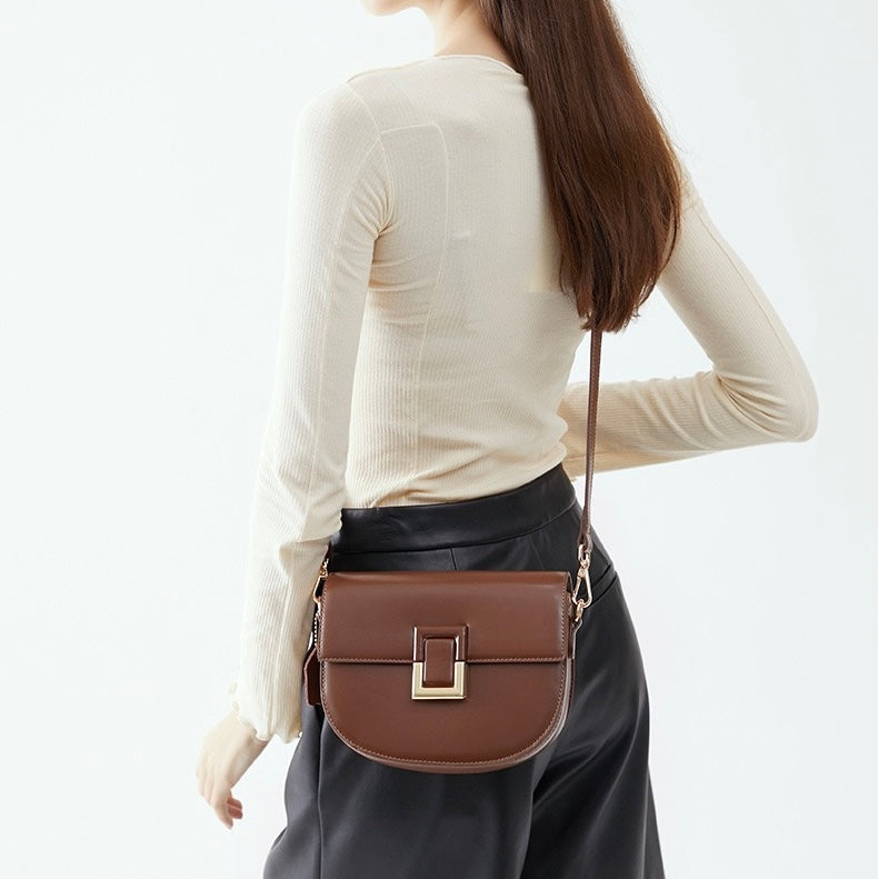 Women's Genuine Leather Saddle Crossbody Bag with Adjustable Strap