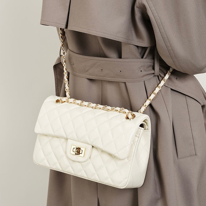 Women's Genuine Leather Quilted Chain Shoulder Crossbody Bag