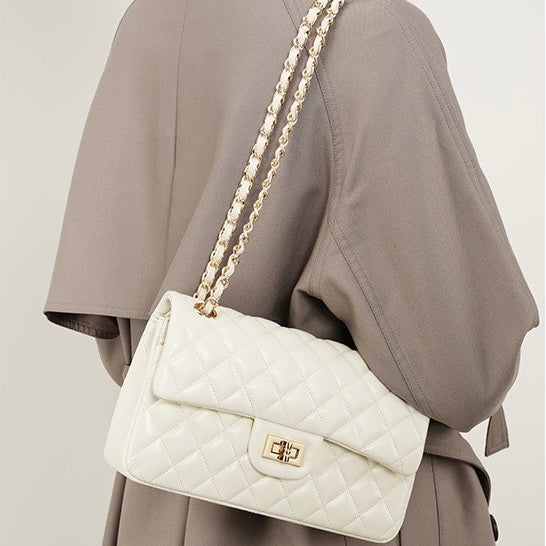 Women's Genuine Leather Quilted Chain Shoulder Crossbody Bag