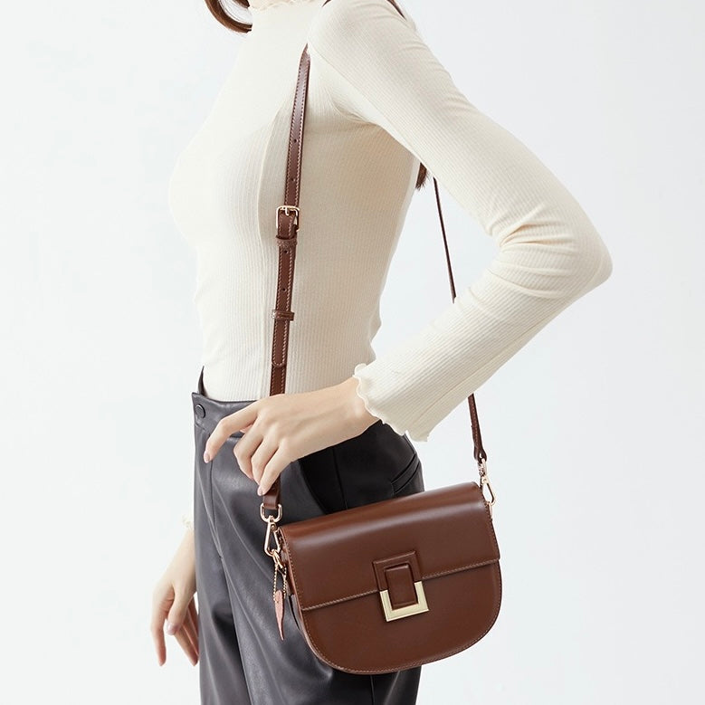 Women's Genuine Leather Saddle Crossbody Bag with Adjustable Strap