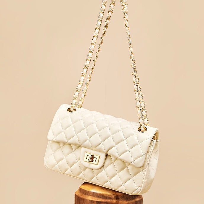 Women's Genuine Leather Quilted Chain Shoulder Crossbody Bag