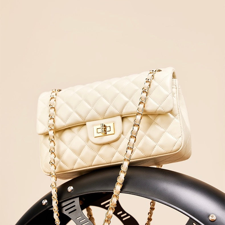 Women's Genuine Leather Quilted Chain Shoulder Crossbody Bag