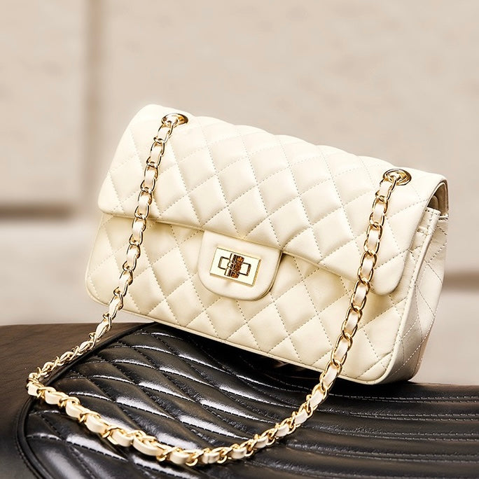 Women's Genuine Leather Quilted Chain Shoulder Crossbody Bag