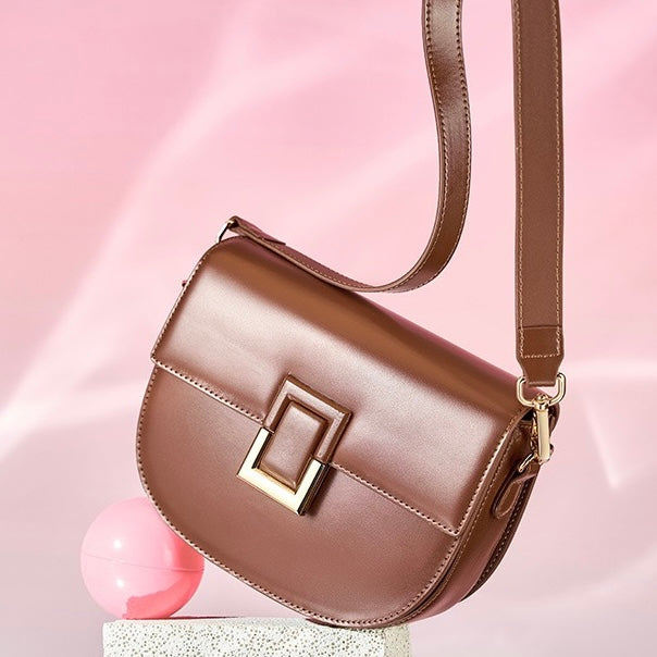 Women's Genuine Leather Saddle Crossbody Bag with Adjustable Strap